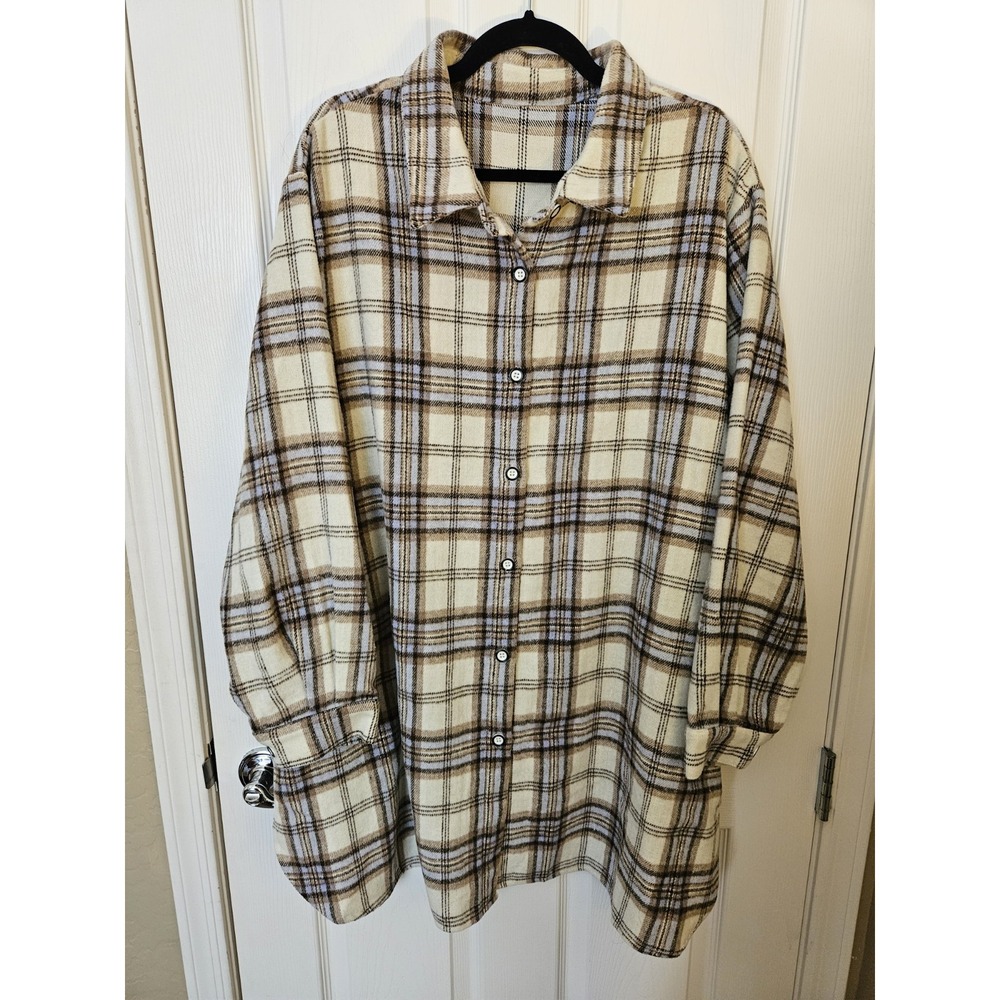 Women's Plaid Button-Down Brown/Cream/Blue Side Pockets Jacket Shacket, Plus 3X